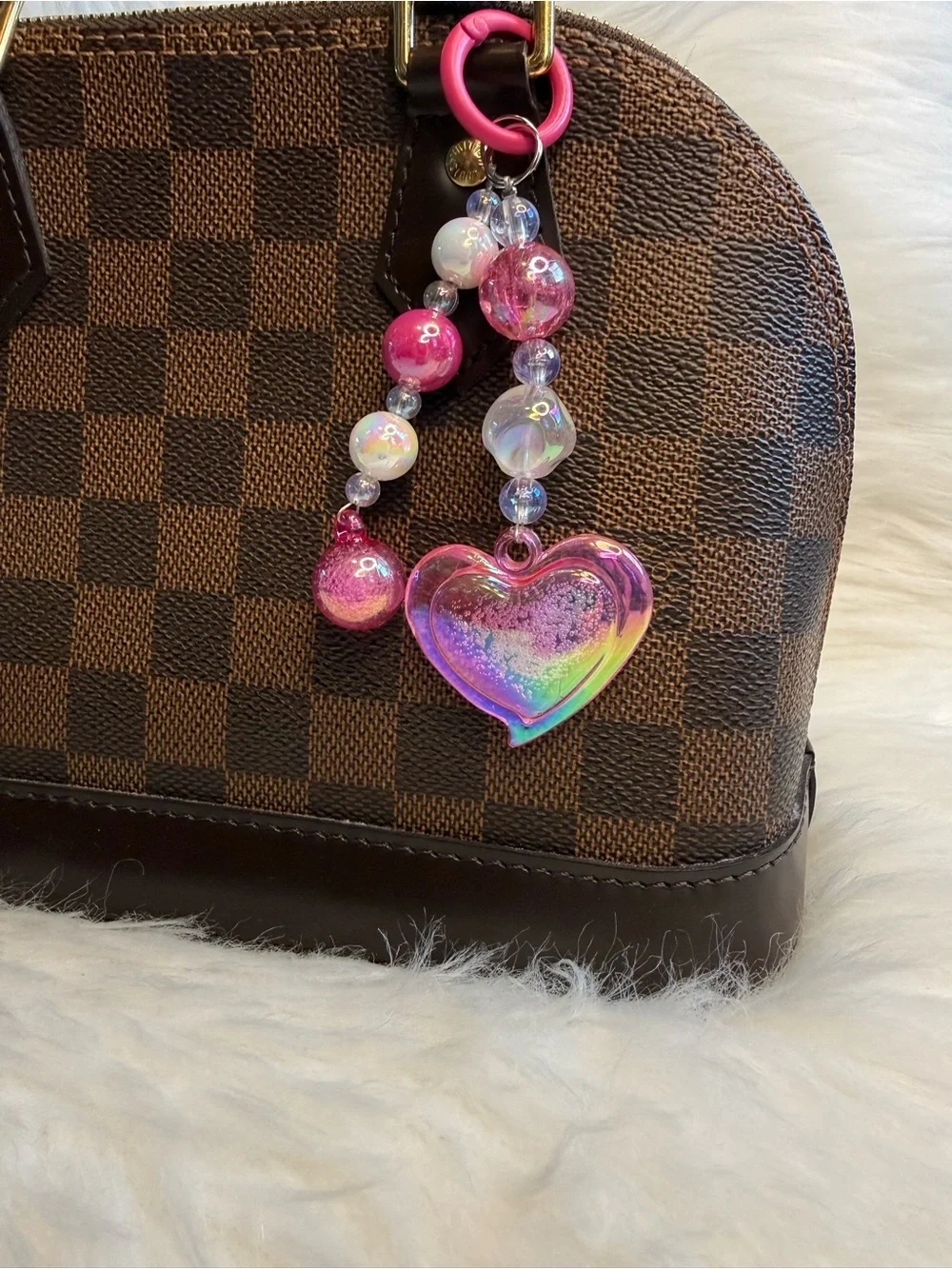 Pink Iridescent Heart  Bag Charm Keychain Keyring